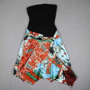 Cache Strapless Handkerchief Hem Paisley Print Dress Womens 4 Black Multi 3623